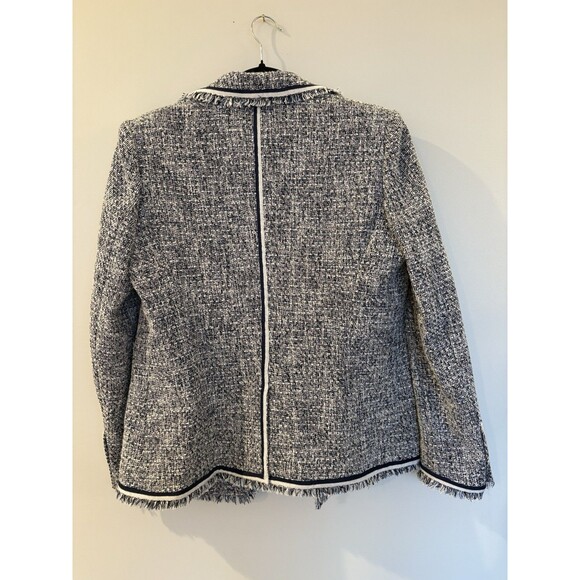 Veronica Beard Theron Tweed Fringe Navy White Frayed Trim Career Blazer Size 12 - Picture 8 of 9